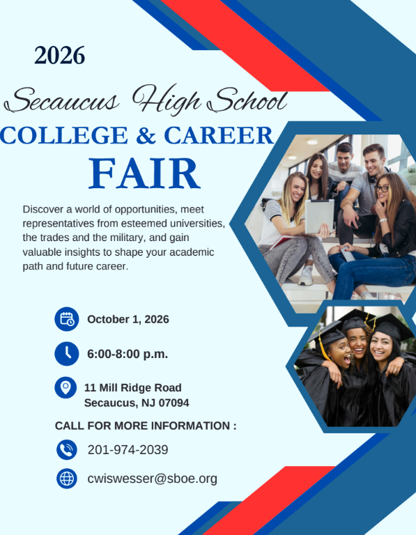 A poster for the 2026 Secaucus High School College & Career Fair with details including date, time, and location.