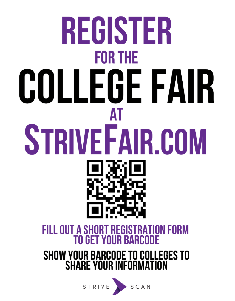 An advertisement for a college fair features a QR code with instructions to register. It asks to fill out a short registration form and share the barcode to share information.
