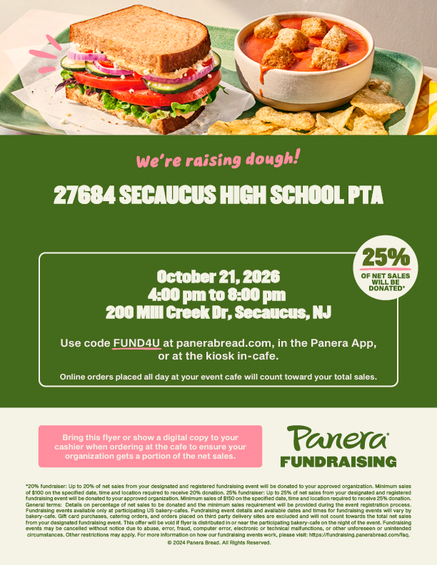 An advertisement shows a sandwich, soup, and croutons. Text reads, "We're raising dough! 27684 Secaucus High School PTA, October 21, 2026."