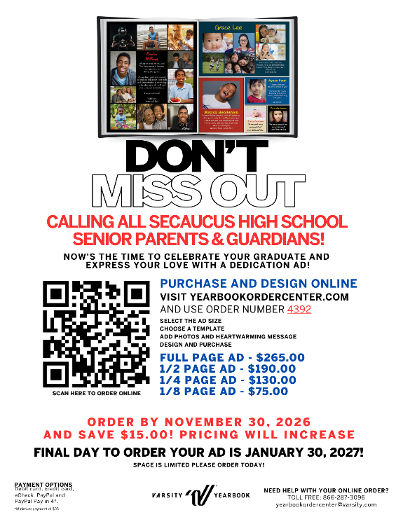 Advertisement for yearbook ads at Secaucus High School, featuring a QR code, options for full and half-page ads, and a deadline of November 30, 2025.