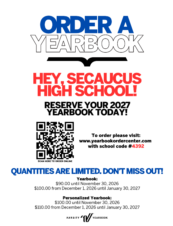 Advertisement for Secaucus High School yearbooks. Includes QR code and ordering details. Background is white.