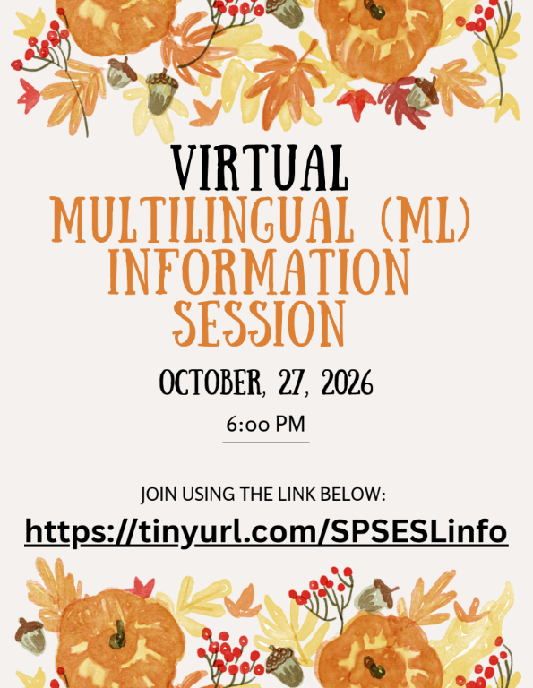 Poster with autumn leaves and pumpkins. Text reads "Virtual Multilingual (ML) Information Session" followed by date and time. Link provided.