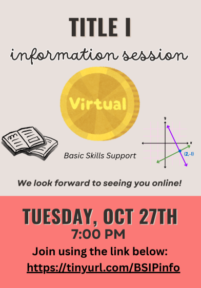 An online information session for "Basic Skills Support" on October 27th at 7:00 PM. It features a yellow coin, an open book, and a graph.