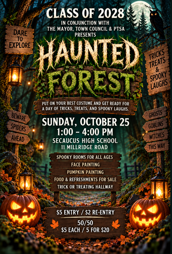 A poster for the Haunted Forest event. Pumpkins, signs, and lanterns are scattered. Date: Sunday, October 25. Time: 4:00 PM. Location: Secaucus High School, 11 Millridge Road.