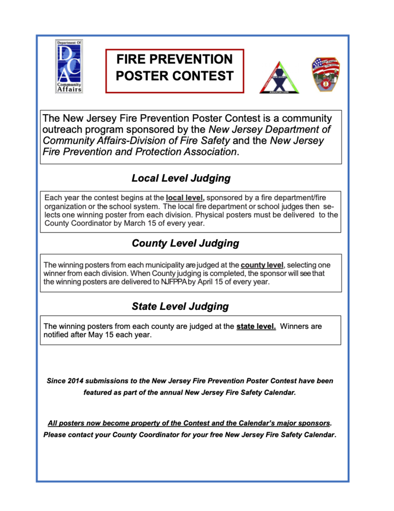 A flyer for the New Jersey Fire Prevention Poster Contest shows text on levels of judging and submission dates.