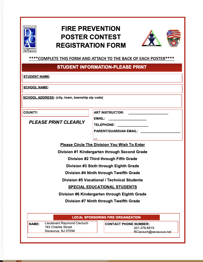 A white form displays "Fire Prevention Poster Contest Registration Form." It requests student names, school addresses, and instructor details. An option to circle the division for entry is provided.
