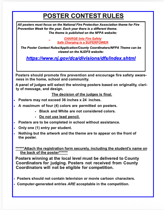 A white document with blue and green borders outlines rules for a poster contest, including size limits, color restrictions, and content guidelines.