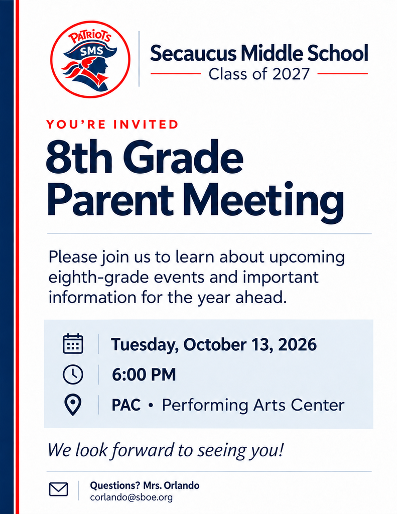 Invitation for the 8th Grade Parent Meeting on Oct 13, 2026, at 6 PM at the Performing Arts Center.
