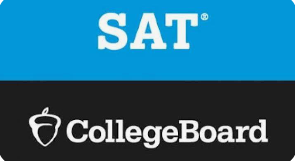Blue and black background with "SAT" in white above a logo of a shield and apple, and "CollegeBoard" in white.
