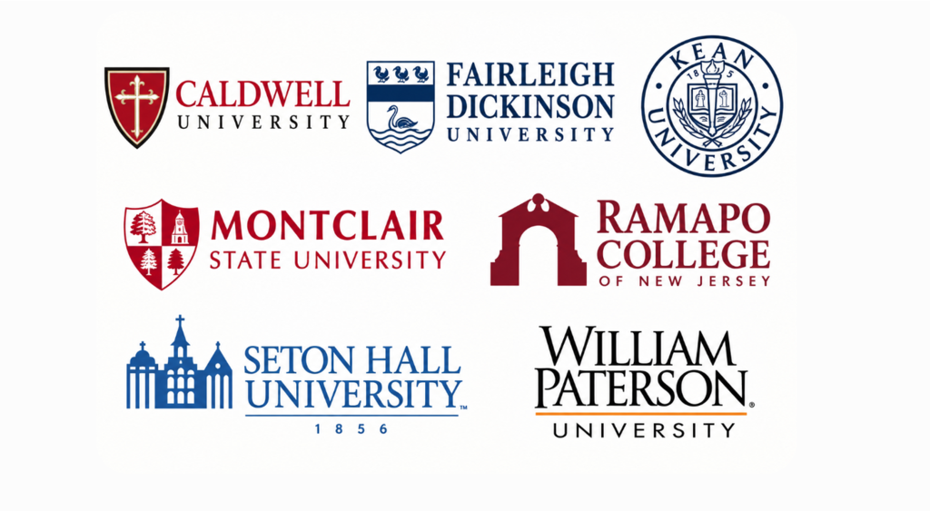Logos of six New Jersey universities arranged in two rows on a white background. Each logo has unique design elements.