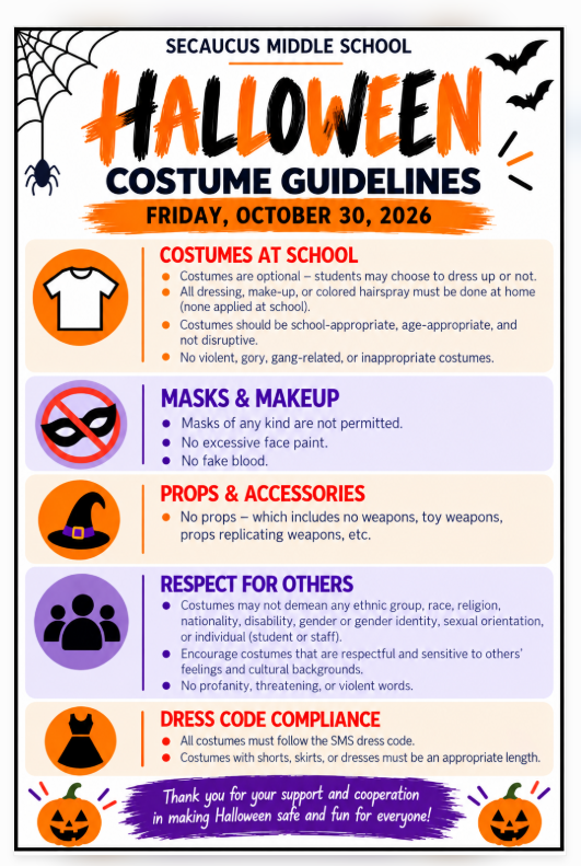 An informational poster with guidelines for Halloween costumes at school. It includes sections on costumes, masks, props, and respect.