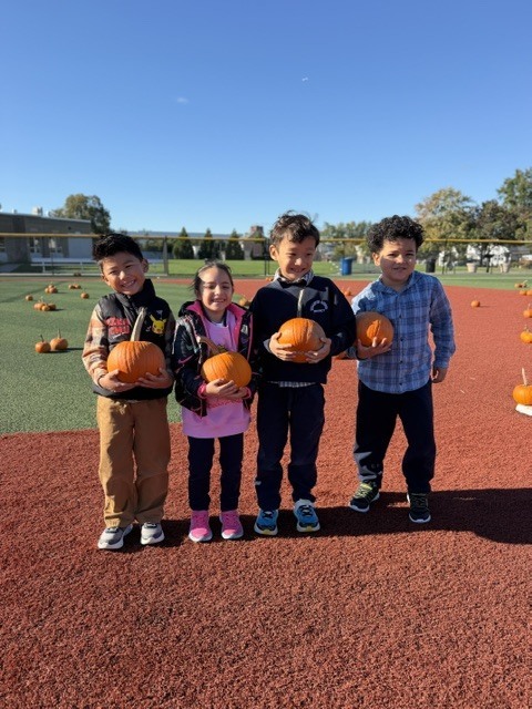 Four children stand on a red field, holding pumpkins. They are in front of a row of pumpkins.