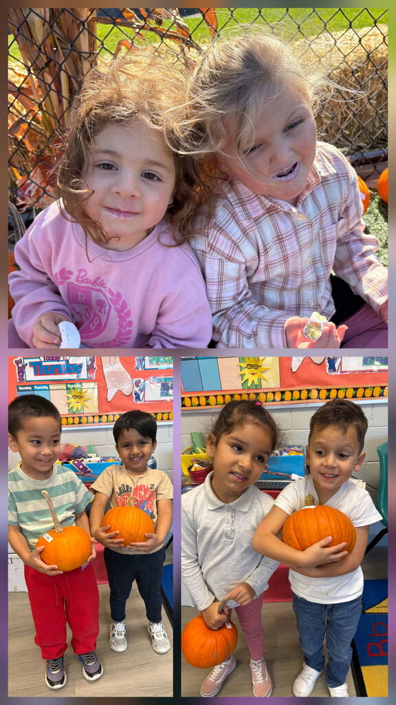 Four kids hold pumpkins; one girl leans on another, two sit, and one smiles. They are in different settings.
