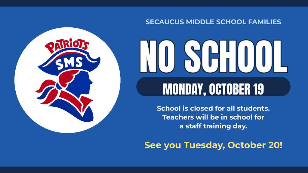 A blue background with a logo featuring a person wearing a hat and scarf. Below it says "NO SCHOOL MONDAY, OCTOBER 19".