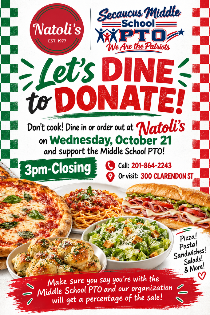 Advertisement for a dine-in or takeout meal at Natoli's on Wednesday, October 21. Pizza, pasta, and salad.