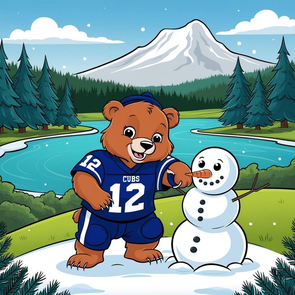 A Cub building a snowman.