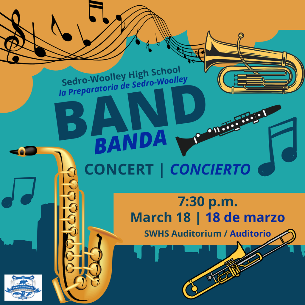 The SWHS Band Concert is on March 18 at 7:30 p.m. in the auditorium.