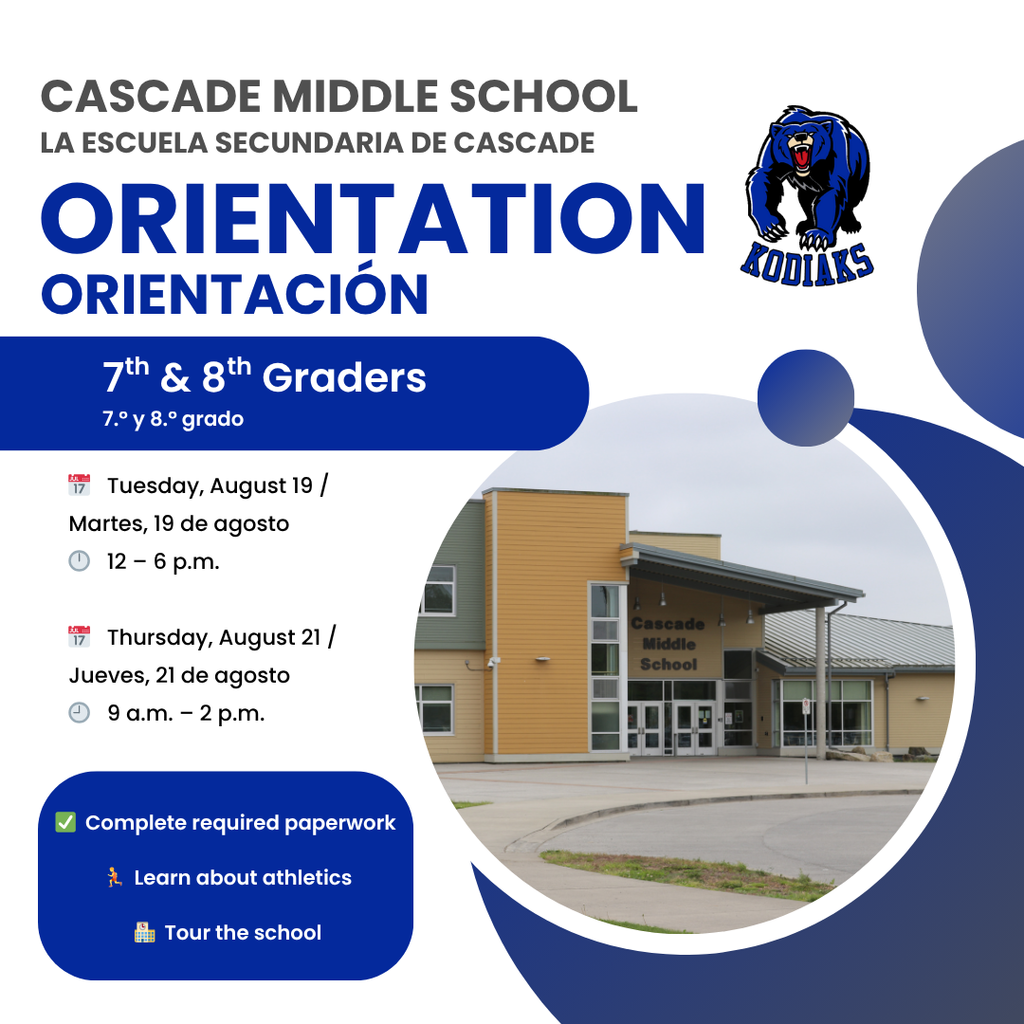 📣 Cascade Middle School Orientation - Save the Dates! 🐾 Hey Kodiak families! 🐻 Get ready for the new school year with CMS Orientation—open to both 7th and 8th grade families! 📅 Tuesday, August 19 🕛 12:00 p.m. – 6:00 p.m. 📅 Thursday, August 21 🕘 9:00 a.m. – 2:00 p.m. ✅ Complete required paperwork 🏃 Learn about athletics 🏫 Tour the school Whether you're new to CMS or coming back for another great year, this is your opportunity to get prepared and connected before school starts! #KodiakPride #CMSOrientation #SedroWoolleySchools #BackToSchool2025