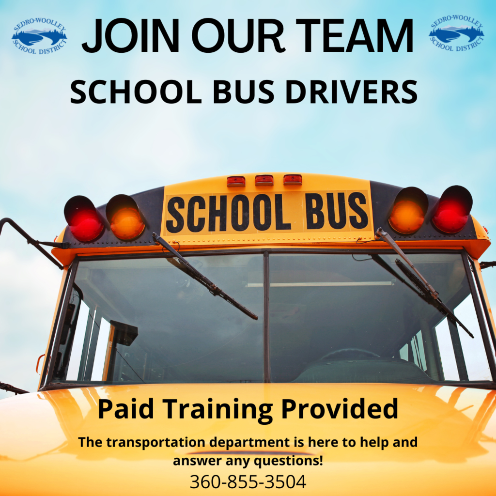 🚌 Interested in becoming a bus driver? The Sedro-Woolley School District Transportation Department is offering a paid bus driver training class starting at the end of September! 🚍 Before the class begins, make sure to complete your Online Job Application and all related forms. For more details, contact the transportation department at 360-855-3504.  https://www.swsd.k12.wa.us/o/swsd/page/job-postings  Join us in ensuring safe and reliable transportation for our students!