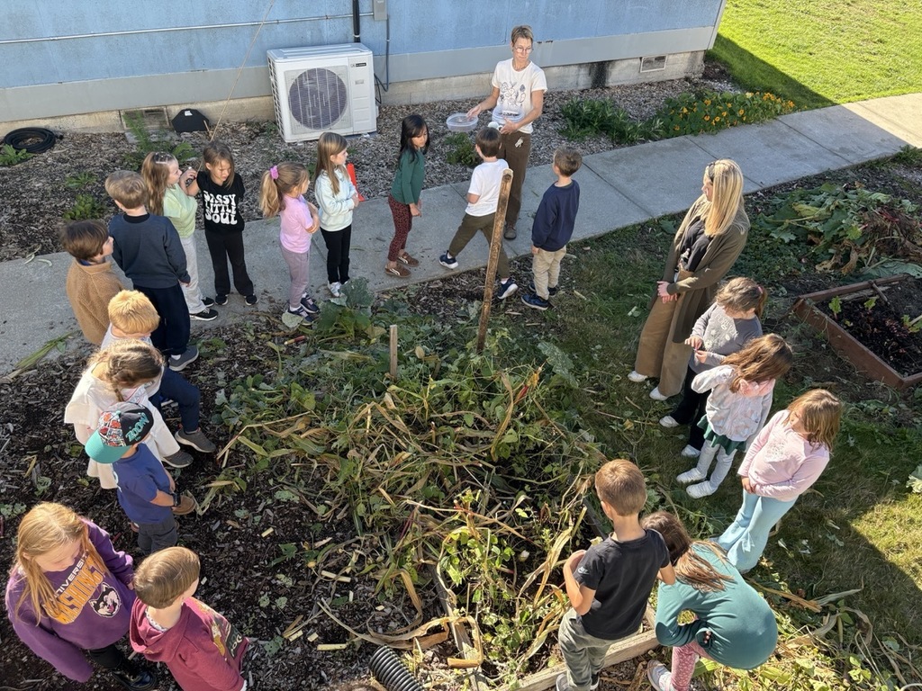 Students at Clear Lake Elementary participate in a Farm to School garden lesson with educator Adele Eslinger, learning about composting and seeds before helping with fall garden cleanup.