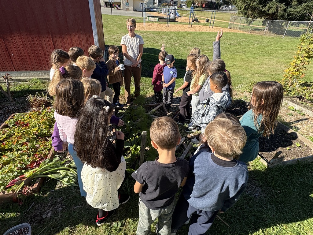Students at Clear Lake Elementary participate in a Farm to School garden lesson with educator Adele Eslinger, learning about composting and seeds before helping with fall garden cleanup.