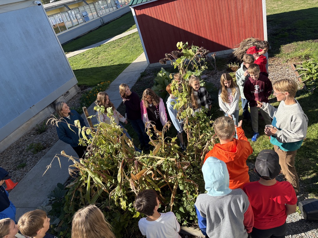 Students at Clear Lake Elementary participate in a Farm to School garden lesson with educator Adele Eslinger, learning about composting and seeds before helping with fall garden cleanup.