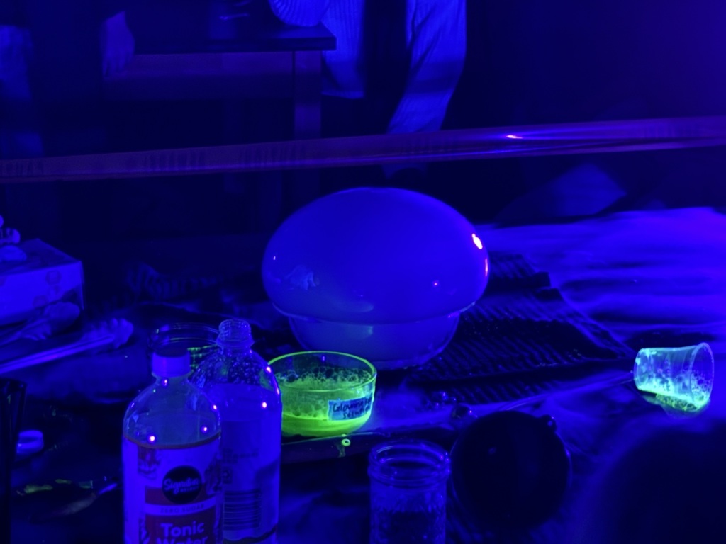 Science teacher Heather Hirschi, dressed as a mad scientist, performs glowing dry ice and highlighter ink demonstrations for Cascade Middle School students. Under black lights, fog, bubbles, and bright colors show sublimation and gas reactions while students watch safely from their desks.