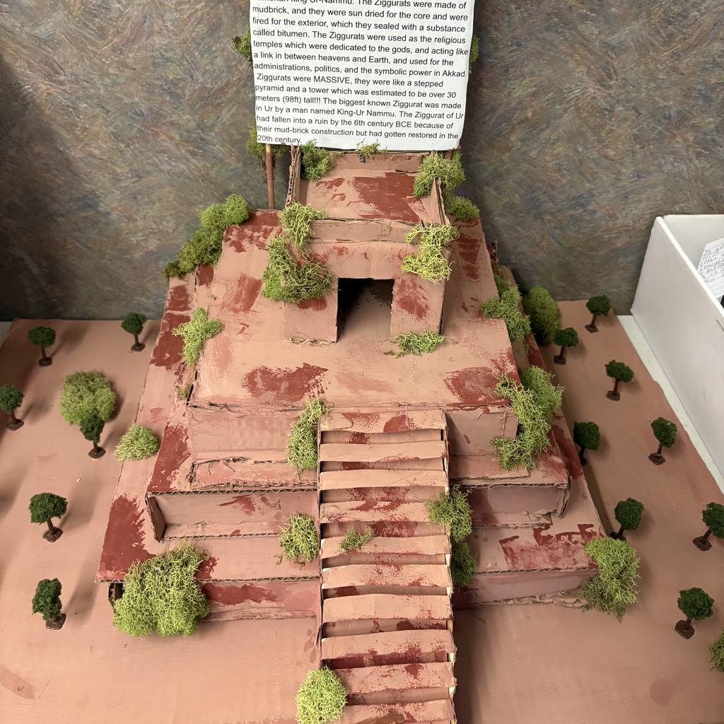 Close-up photos of sixth grade Mesopotamia models created by Mary Purcell Elementary students. The detailed dioramas and structures show elements like rivers, temples, and early cities, highlighting students’ creativity and understanding of ancient civilizations.
