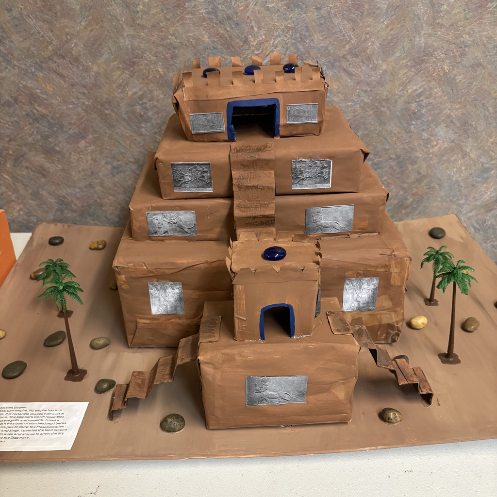 Close-up photos of sixth grade Mesopotamia models created by Mary Purcell Elementary students. The detailed dioramas and structures show elements like rivers, temples, and early cities, highlighting students’ creativity and understanding of ancient civilizations.