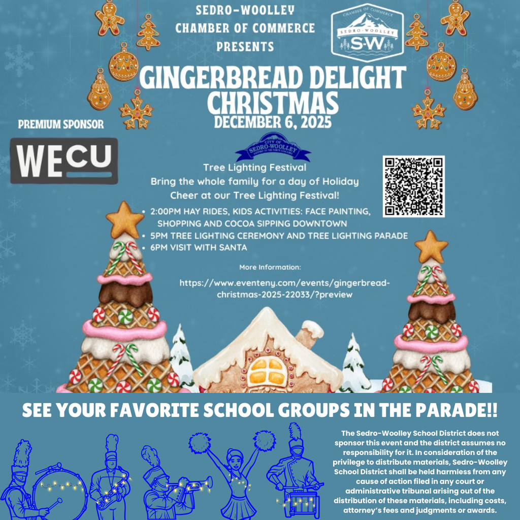 🎄✨ One of Sedro-Woolley’s favorite traditions returns December 6! Join us downtown for the Tree Lighting at 5 p.m., the parade right after, and a visit with Santa at 6 p.m. A variety of student groups will be performing or waving from floats — come cheer them on and celebrate the season together!