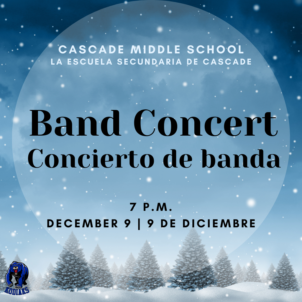 🎺🎵 Music is in the air at Cascade Middle School! The CMS Band Concert begins December 9 at 7 p.m. in the Cascade Middle School Cafeteria. Join us for an evening of great student performances!