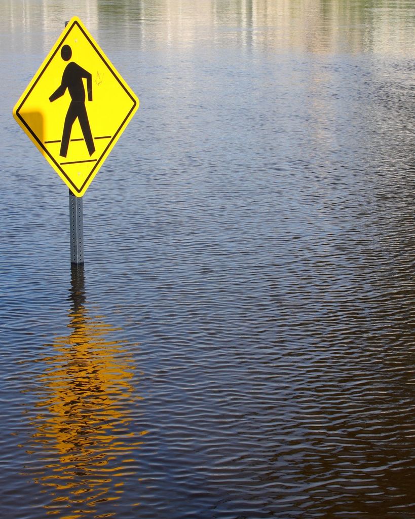 A pedestrian crossing sign in flood waters.