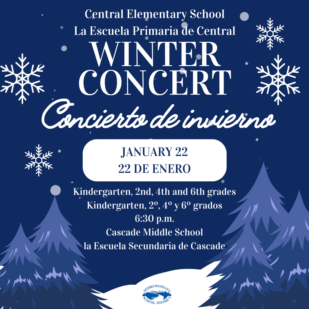 Another great night of music ahead!  Join us on January 22 for the Central Elementary School Choir Concert featuring students in Kindergarten, Second Grade, Fourth Grade, and Sixth Grade.  🎶 January 22 📍 Cascade Middle School 🕡 6:30 p.m.