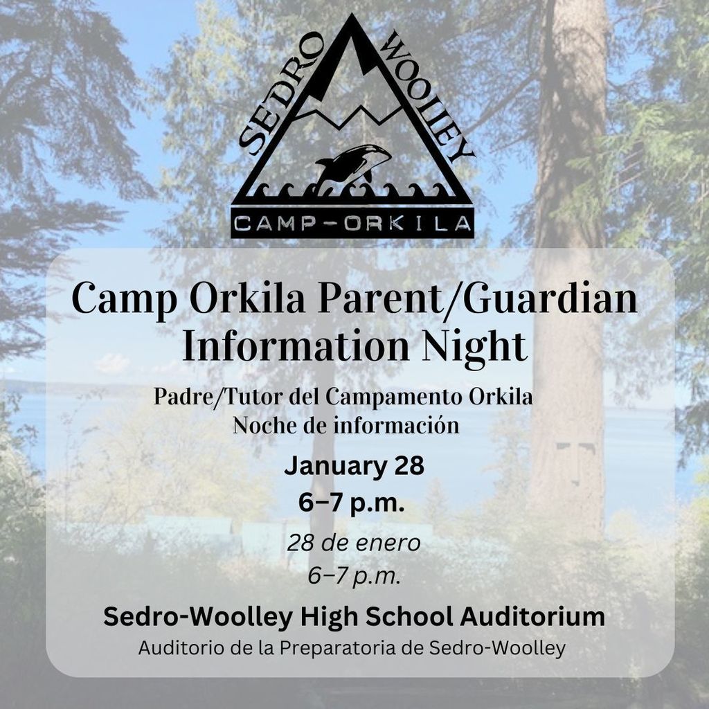 🎒 Sixth Grade Families: Join us for a Camp Orkila Parent/Guardian Information Night to learn more about this exciting outdoor learning experience. 📅 January 28 🕕 6:00–7:00 p.m. 📍 Sedro-Woolley High School Auditorium This meeting is for parents and guardians of sixth grade students. We hope to see you there! 🌲