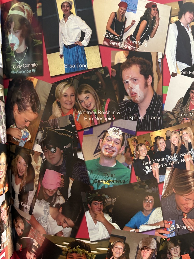 A collage of humorous student moments from spirit days and school activities, including students in dress-up costumes, toga outfits, furry winter hats, and students with whipped cream and chocolate on their faces during a pie-eating contest.