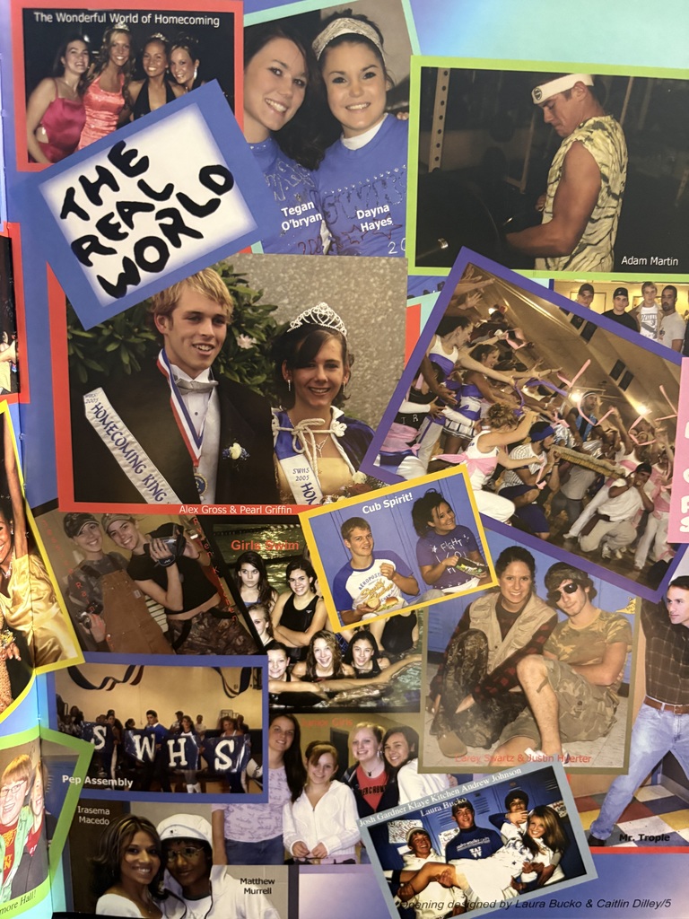 Homecoming collage from the 2005–2006 Sedro-Woolley High School yearbook titled “The Real World,” featuring Homecoming King Alex Gross, Queen Pearl Griffin, student Adam Martin lifting weights, and other spirited moments from Homecoming Week.