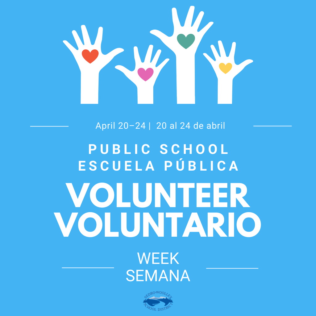 This week is National Public School Volunteer Week, and we want to thank the many volunteers who support our schools. Volunteers help in classrooms, support school events, mentor students, and give their time to strengthen our school community. Their generosity and dedication make a meaningful difference for students and staff. To all of our volunteers: thank you for sharing your time and talents with the Sedro-Woolley School District. We appreciate you!