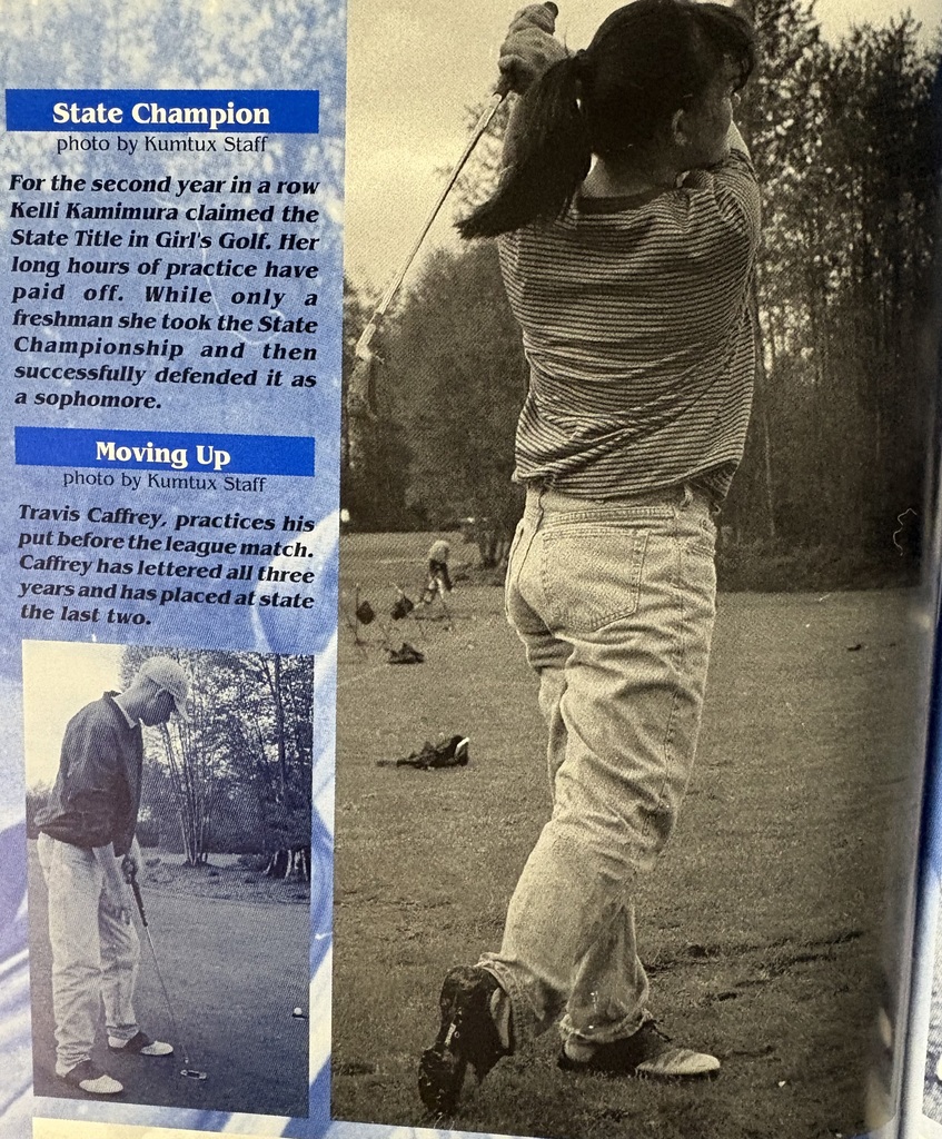 A yearbook page featuring a collage of high school golf photos from the mid-1990s. Students are shown on a golf course swinging clubs, lining up putts, and walking the fairway in small groups. The athletes wear casual golf attire typical of the time, and the photos capture a mix of action shots and candid moments during matches and practice.