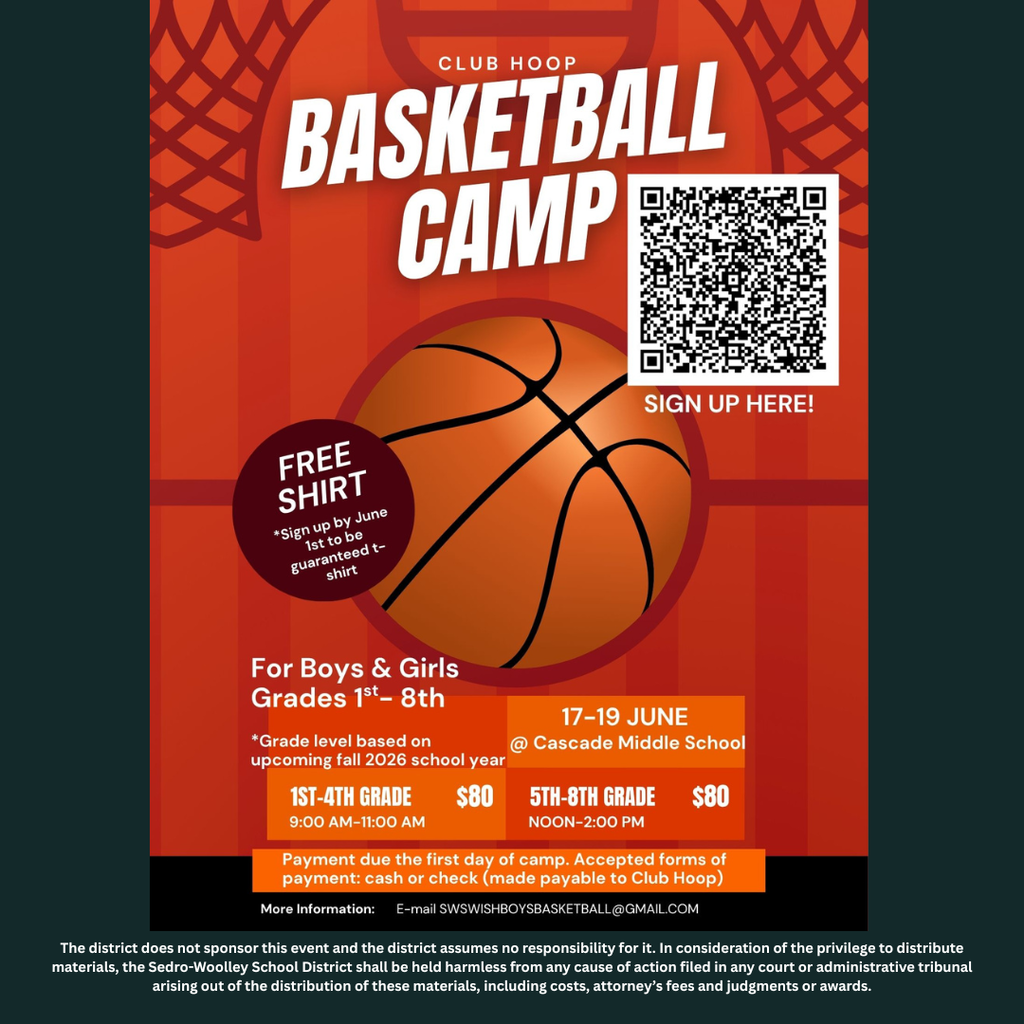 Club Hoop Youth Skills Camp registration is now open for boys and girls entering 1st through 8th grade for the 2026-2027 school year. The three-day basketball skills camp will take place June 17-19 at Cascade Middle School. Students entering 1st-4th grade will participate from 9-11 a.m., while students entering 5th-8th grade will attend from noon-2 p.m. Participants will focus on basketball fundamentals, skill development and having fun in a positive camp environment. Camp payment is due on the first day of camp and may be made by cash or check payable to Club Hoop. Families who register by June 1 are guaranteed a camp T-shirt. Registration will remain open through the first day of camp as space allows. Questions may be directed to swswishboysbasketball@gmail.com. Sign up here: https://docs.google.com/forms/d/e/1FAIpQLScNniX7lUJFMZ9JUc6tx2ptx7lusUgyBJGE9F6KuxaybRQ8KA/viewform