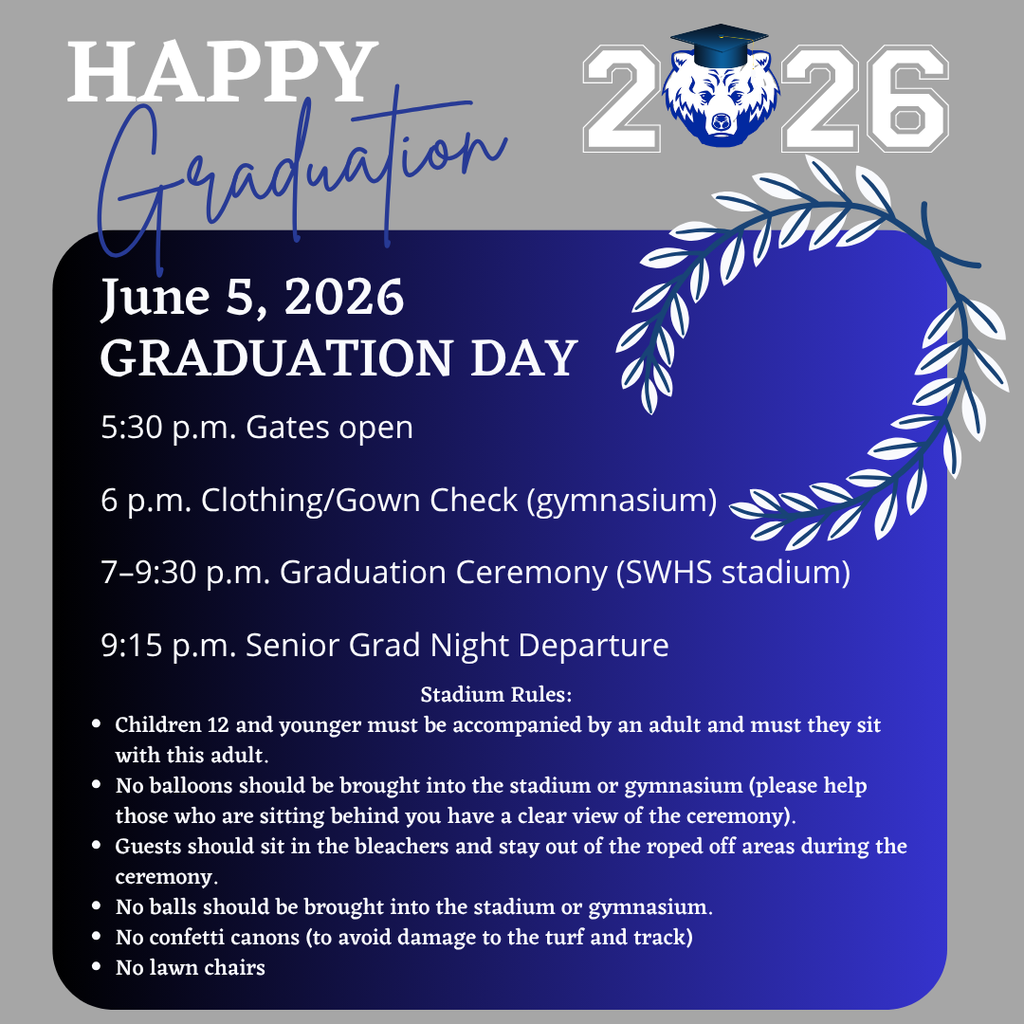 🎓 Graduation Day is Here! 🎓  We can't wait to celebrate the Sedro-Woolley High School Class of 2026 tonight.  Schedule • 5:30 p.m. — Gates open • 6:00 p.m. — Clothing/Gown Check (Gymnasium) • 7:00–9:30 p.m. — Graduation Ceremony (SWHS Stadium) • 9:30 p.m. — Senior Grad Night Departure  To help make the ceremony safe and enjoyable for everyone, please keep the following reminders in mind:  • Children ages 12 and younger must be accompanied by an adult and remain seated with that adult during the ceremony. • Please do not bring balloons. We want everyone to have a clear view of our graduates. • Guests should remain seated in the bleachers and stay out of roped-off areas. • No balls may be brought into the stadium or gymnasium. • No confetti cannons, glitter, or similar items are permitted, as they can damage the track and turf. • Lawn chairs are not permitted inside the stadium.  Parking Reminder: Please park only in designated parking areas and be respectful of our neighbors by keeping residential driveways, mailboxes, and roadways clear. Vehicles parked in a manner that blocks access may be subject to towing.  Please allow extra time for parking and walking to the stadium. A large crowd is expected, and arriving early will help ensure you are seated before the ceremony begins.  Thank you for helping us create a memorable celebration for our graduates and their families. We look forward to celebrating the Class of 2026 with you tonight! 💙