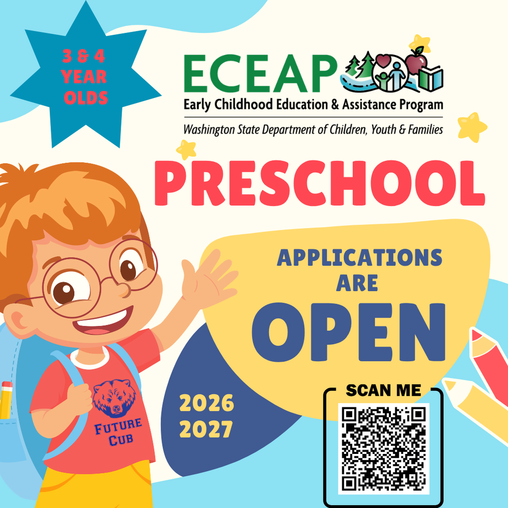Graphic promoting Sedro-Woolley School District's Good Beginnings ECEAP Preschool program for the 2026–27 school year. The graphic features a cartoon child wearing a shirt that says "Future Cub" and carrying a backpack. Text reads: "ECEAP Early Childhood Education & Assistance Program," "3 & 4 Year Olds," "Preschool," and "Applications Are Open." A QR code labeled "Scan Me" directs families to the preschool interest form. The graphic uses blue, yellow, green, red, and cream colors with school-themed illustrations and stars.