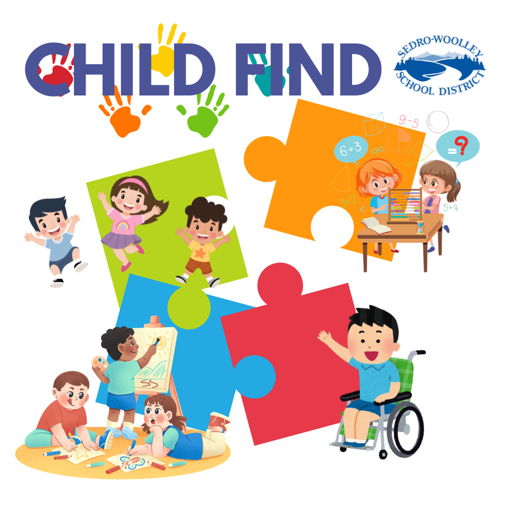 Graphic with the words "Child Find" at the top beside the Sedro-Woolley School District logo. Colorful interlocking puzzle pieces feature illustrations of young children engaged in play, art, learning, and math activities, including a child using a wheelchair, representing children of all abilities. Handprints decorate the title, emphasizing early childhood development, inclusion, and developmental screening.