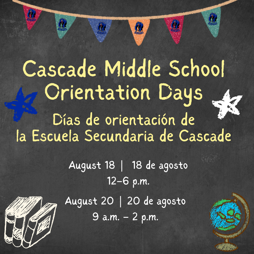 🏫 Cascade Middle School families are invited to Back-to-Business Days. August 18 | Noon–6 p.m. August 20 | 9 a.m.–2 p.m. Complete required paperwork, pick up schedules, take school pictures, receive student ID cards, learn about athletics and tour the school before the new school year begins.