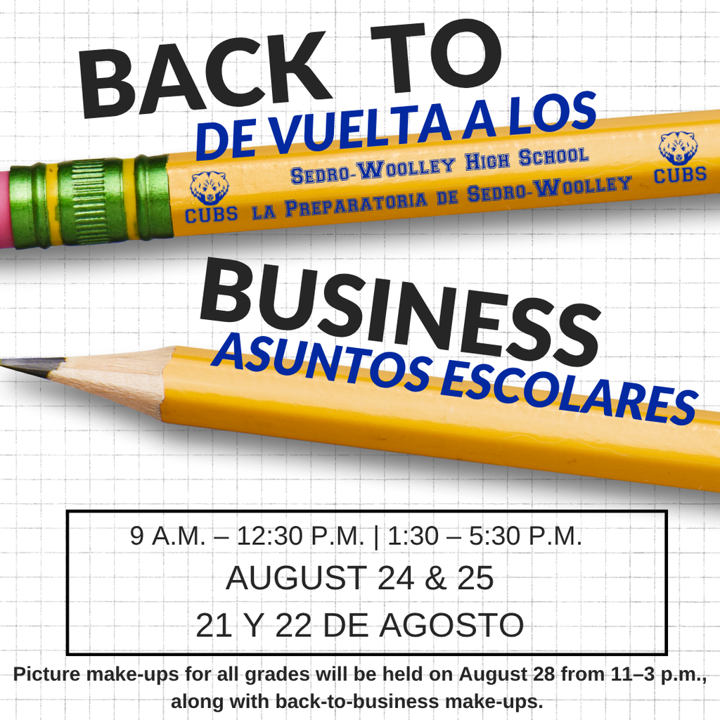 🐾 Sedro-Woolley High School families are invited to Back-to-Business Days on August 24 and 25 from 9 a.m.–12:30 p.m. and 1:30–5:30 p.m. (Staff lunch: 12:30–1:30 p.m.) Students can take school pictures, purchase ASB cards, apply for parking permits, pick up schedules (grades 10–12), complete athletics paperwork, submit medical forms and update demographic information.