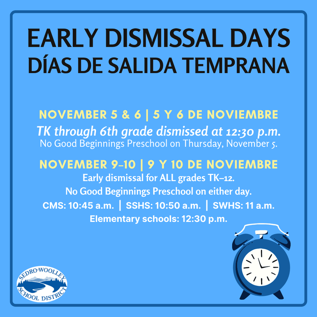 📅 Elementary schools will have conferences November 5 & 6. Schools will be dismissed at 12:30 p.m. both days. All schools will conferences on November 9. Schools will be dismissed at the following times: • CMS: 10:45 a.m. • SSHS: 10:50 a.m. • SWHS: 11 a.m. • Elementary schools: 12:30 p.m. All schools will have early dismissal on November 10. Schools will be dismissed at the following times: • CMS: 10:45 a.m. • SSHS: 10:50 a.m. • SWHS: 11 a.m. • Elementary schools: 12:30 p.m. There is no Good Beginnings Preschool on November 5, 9, and 10.