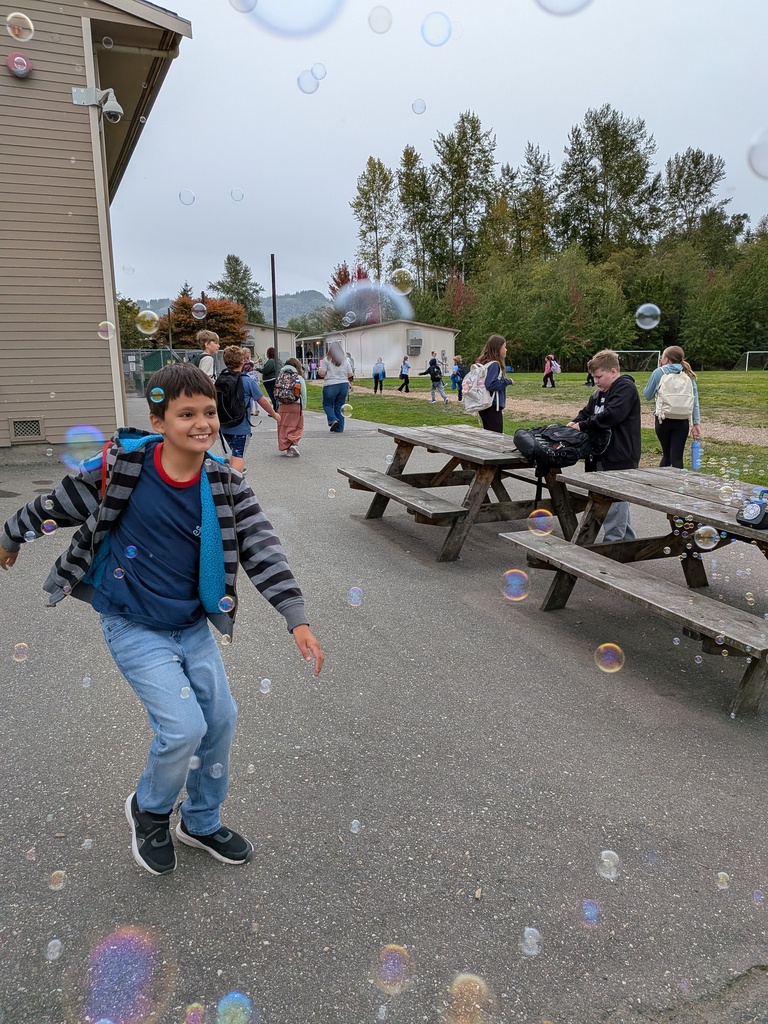 Big Lake Elementary staff welcome students during Surprise Attendance Day with music, bubbles, signs and cheers as students arrive at school.