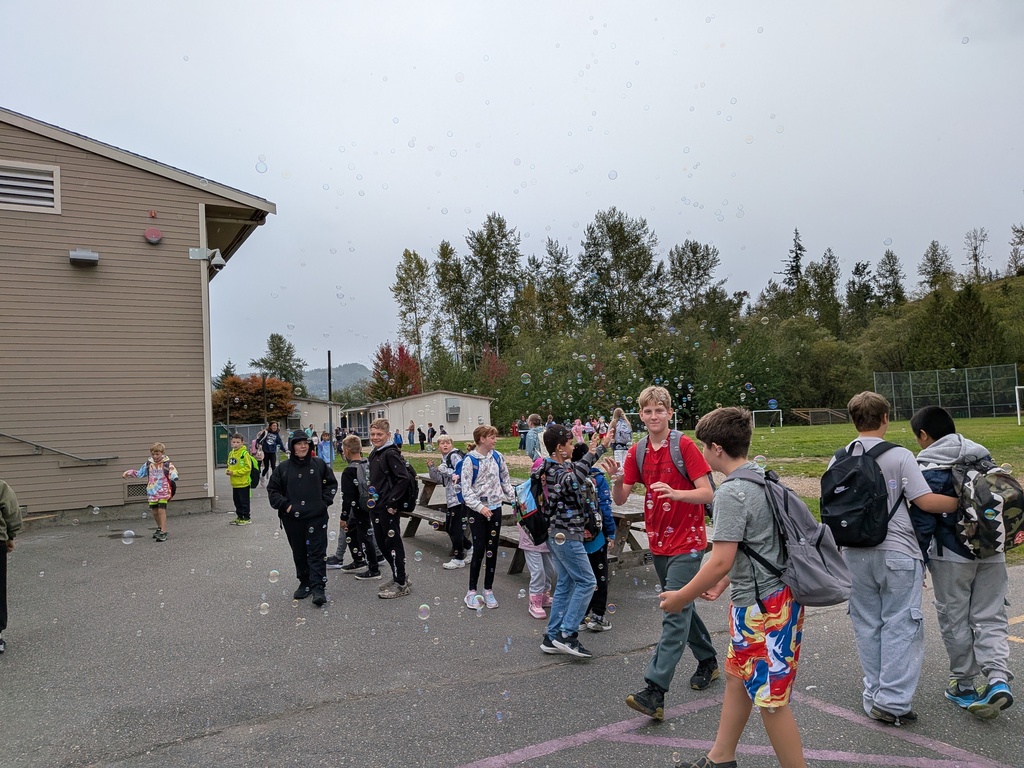 Big Lake Elementary staff welcome students during Surprise Attendance Day with music, bubbles, signs and cheers as students arrive at school.