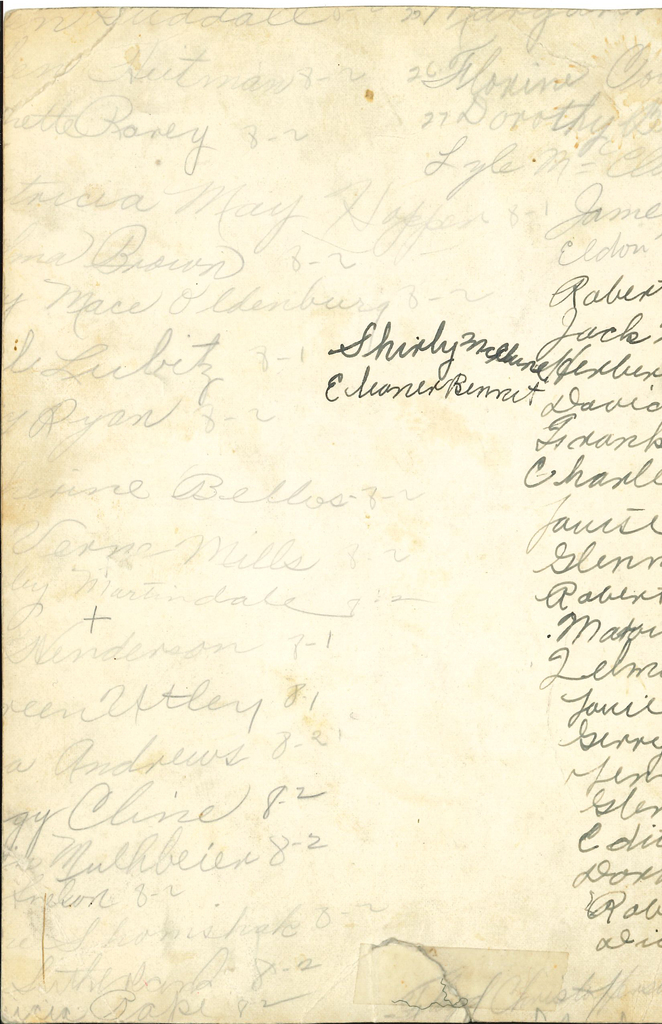 Back of class photo: Scanned back of a historic Central School photograph. Numerous student names are handwritten in pencil and ink across the aged paper, although many have faded and are difficult to read.