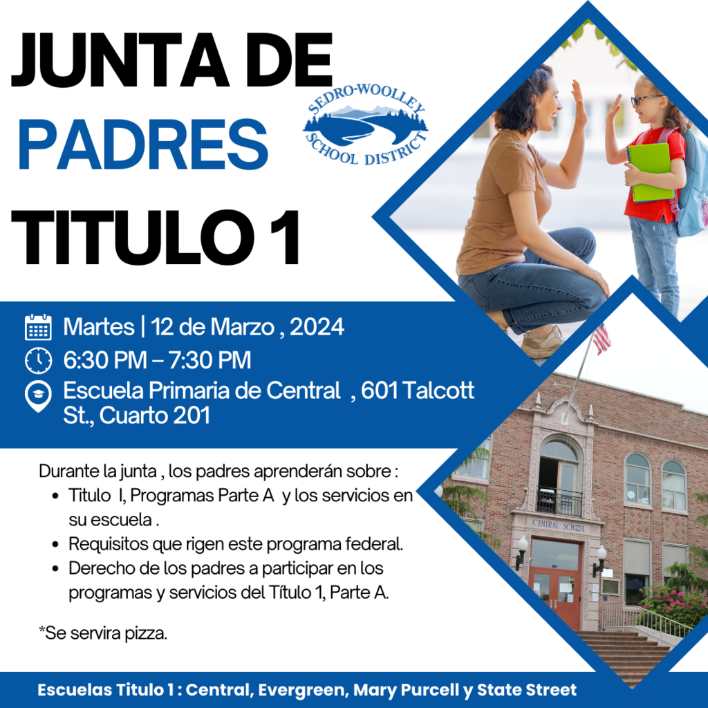 Central, Evergreen, Mary Purcell and State Street families are invited to learn about the Title I program on March 12 from 6:30 to 7:30 p.m. at Central Elementary School in Room 201. Title I provides funding for additional help for Title I schools. At this meeting, we will talk about our Title I program and answer any questions you have. Staff will explain: • The Title I program and the regular curriculum. • How students are identified for the program. • The assessments used and what they mean. • The proficiency levels that Title I will help your child meet. • At-home activities to help your child succeed. • How you can be involved in the Title I program. We understand that your time is important. We will provide pizza for this meeting to help make it possible for you to attend. We look forward to seeing you at the meeting!