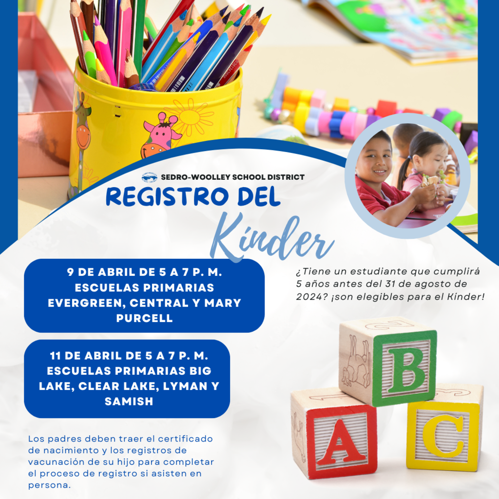 Mark your calendars! Open houses for Evergreen, Central, and Mary Purcell Elementary Schools will be held on April 9 from 5–7 p.m. For Big Lake, Clear Lake, Lyman, and Samish Elementary Schools, save the date for April 11 from 5–7 p.m.